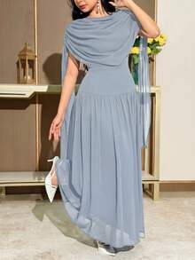 Modelyn Robe mi-longue élégante pour femmes avec encolure drapée froncée et taille cintrée, pour l'été - Bleu ciel - Voir 3