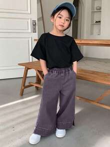 Dazy Kids Young Girl Casual Fashion Street Style Everyday Commute Minimalist Versatile Washed Open Hem Loose Wide Leg Jeans - Purple - View 3