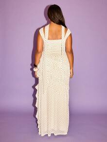 FASHION SZN Plus Size Polka Dot Maxi Dress With Matching Scarf Ruffle Elegant Chic Occasion Wedding Guest Dress Plus Size Summer Holiday Outfit Vacation Hen Do Bachelorette Long Dress Sleeveless Chiffon Races Garden Party Sun Dress Women Trending New Race Day Dress - Black and White - View 2