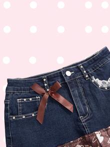 ROMWE Chân váy ngắn denim xếp ly ren in họa tiết món tráng miệng sô cô la Y2K dành cho nữ - Màu xanh hải quân - Xem 3