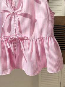 SHEIN Teen Girls Pink & White Striped Casual Elegant Vacation Textured Asymmetrical Shoulder Ruched Cropped T-Shirt - Pink - View 5
