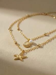 Arave 1pc Casual Ins 2025 New 18K Gold Stainless Steel High Protection Double Layer Shell & Starfish Pendant Necklace, Suitable For Women, Beach And Resort Wear, Waterproof Jewelry Accessory Gift, USA - No Gift Box Included - Multicolor - View 4