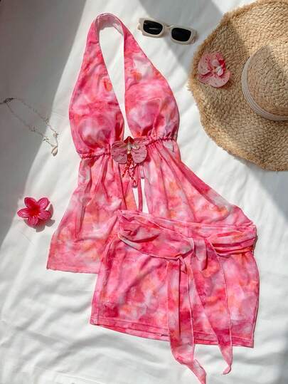 Comfortcana 2026 New Arrival Spring/Summer Fashionable Women's Floral Print Halter Top And Slit Midi Skirt 2-Piece Set, Vacation Outfit Festival Outfits For Women Mother's Day Vacation Outfits Women