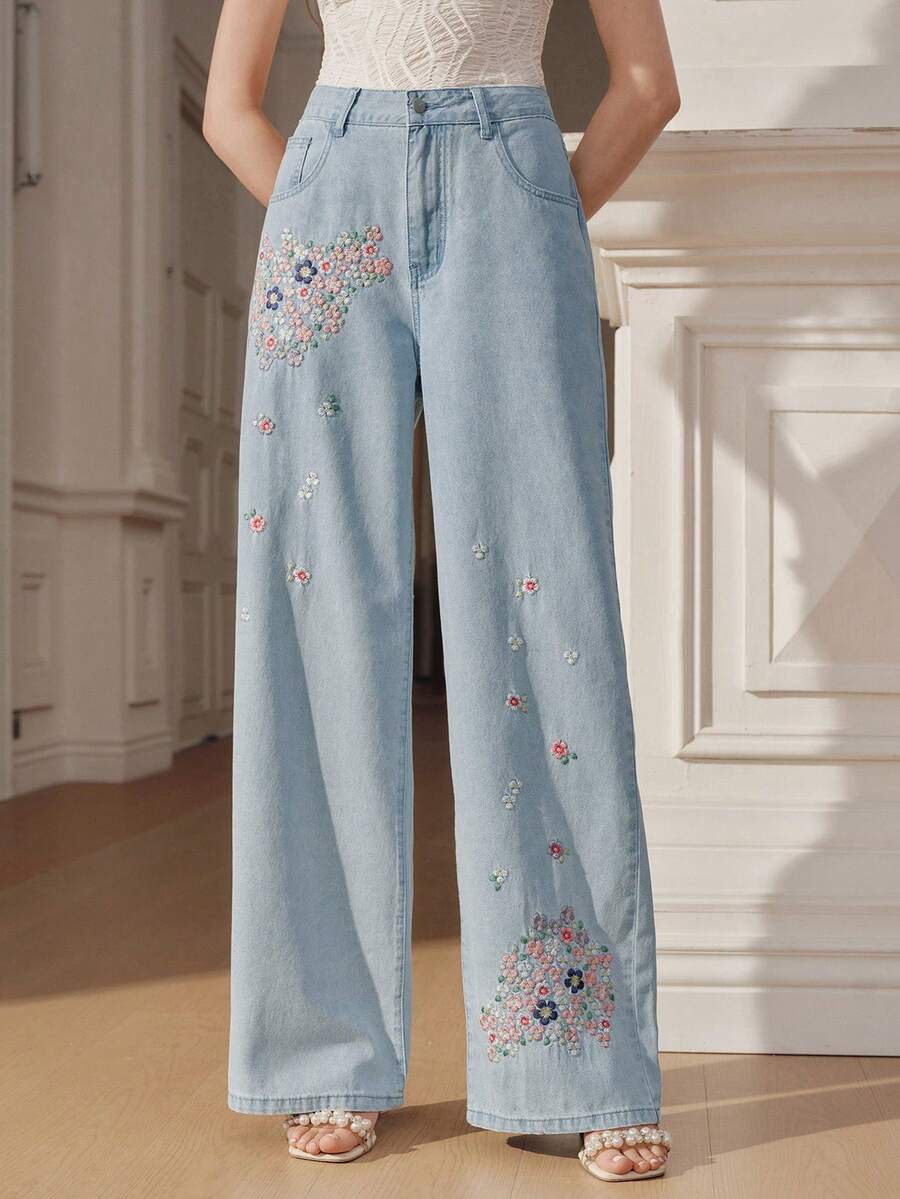 Anewsta Women's New Fashionable Exquisite Embroidered Mother's Day Blue Straight-Leg Jeans - Blue - View 1