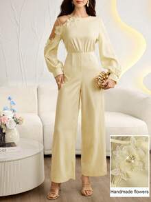 Modelyn Women's Elegant Slimming Mesh Patchwork Floral Long Sleeve Top And Straight Leg Pants Set - Apricot - View 4