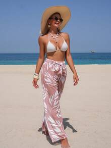 Conjunto de top y pantalones de gasa con estampado floral tropical y diseño de lazo en la cintura, para playa, fiesta de verano y vacaciones - Multicolor - Ver 3