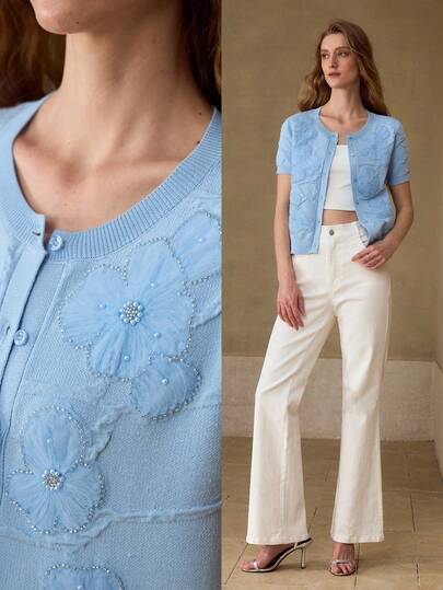 MOTF PREMIUM MESH PATCHWORK BLUMENMUSTER FAUX PERLEN VERZIERTER KURZARM CARDIGAN
