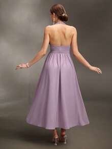 SHEIN Cherish Maternity 极简主义V领吊带镂空连衣裙，百褶长裙，紫色孕妇写真礼服，孕妇长裙，超长连衣裙，夏季度假连衣裙，夏季连衣裙，夏季服装，婚礼活动礼服，夏季 - 紫色 - 查看 2