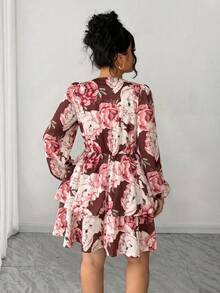 Elenzga Plus Size Women Floral V-Neck Puff Sleeve Double Ruffle Hem Dress Fall - Red - View 2