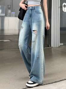 Quần jean denim nữ kiểu dáng thường ngày, bạc màu và rách - Màu xanh lam - Xem 4