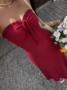 Sunnyshic Women's Casual Textured Front Drawstring Dress, Summer - Burgundy - View 5