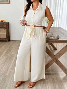 SHEIN LUNE Plus Size Women's Sleeveless Wood Button Tie Knot Cropped Top And Wide Leg Pants Two Pieces Set Solid Color Casual Elegant Outfits Vacation - Apricot - View 7