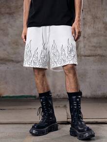 Skyrend Men's Drawstring Waist Flame Print Casual Versatile Daily Wear Shorts Graphic Shorts Flame Shorts White Shorts Drawstring Shorts Fire Shortsemo Grunge - White - View 4