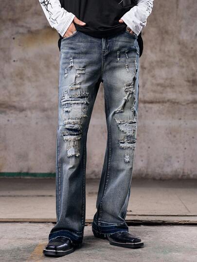 Skyrend Men's Flared Jeans, Slim Fit Distressed Flare Leg Jeans, Y2K Stacked Jeans, Contrast Wash Embroidered Jeans, Suitable For All Seasonsemo
