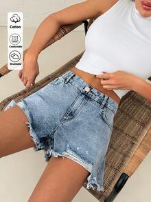 SHEIN 低腰常规版型休闲中蓝色水洗纽扣前开衩牛仔短裤 - 中等水洗藍 - 查看 7