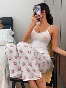 Napfluff Bộ đồ ngủ 3 món in hình quả anh đào gồm áo hai dây, quần short và quần dài. - Hồng - Xem 2
