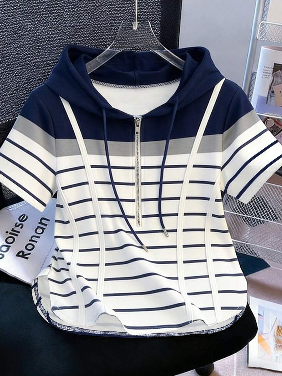 Resyla Half-Zip Striped Short Sleeve Hoodie T-Shirt, Spring/Summer New Design Asymmetrical Casual Top - Multicolor - View 1