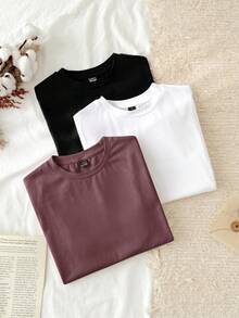 3pcs Set Women Casual Minimalist 95% Cotton Round Neck Fitted Long Sleeve T-Shirt Outfit - Multicolor - View 4
