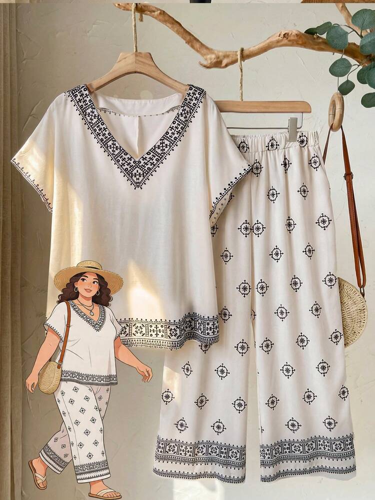Plus Size Women's Retro Print V-Neck Short Sleeve Top And Pants Set 2 Piece Set Summer Set For Woman Pijams Zanzea Terno Pants And Blouse,Summer Outfits For Women 2 Piece Set Women Two Piece Outfit Abaya Womens Dresses Linen Set For Women Pijams Summer Set For Woman Zahide Outfit Pyjamas Set Women Two Piece  Two Piece Casual Sets Linen Sets For Women Vacation