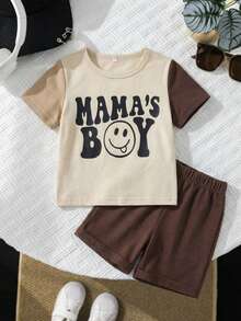 SHEIN 2pcs/Set Baby Boy Mother's Day Outfit,Beige Summer Casual Cute Beach Short Sleeve T-Shirt Graphic Knit Top & Shorts Set,Comfortable Toddler Clothes - Multicolor - View 3