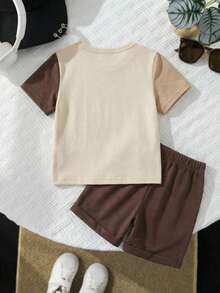 SHEIN 2pcs/Set Baby Boy Mother's Day Outfit,Beige Summer Casual Cute Beach Short Sleeve T-Shirt Graphic Knit Top & Shorts Set,Comfortable Toddler Clothes - Multicolor - View 4