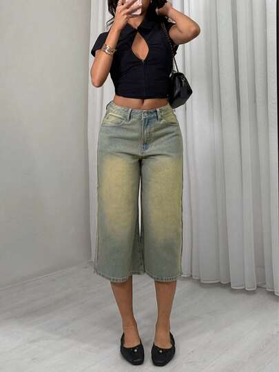 TRNVIE Calça jeans folgada, estilo retrô casual, comprimento 7/8 e pernas largas.
