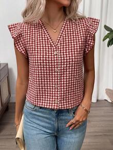 SHEIN Clasi 女士时尚单排扣格子荷叶袖衬衫 - 彩色 - 查看 8