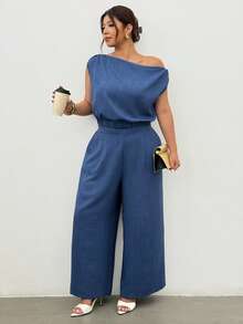 Firerie Plus Size Women's Open Shoulder Sleeveless Blouse & Elastic Waist Wide Leg Pants Set, Dark Blue, Sommar, Casual, Everyday Two Pieces Set For Party, Commute - Blue - View 5