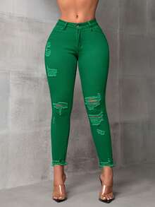SHEIN PETITE Quần jean skinny rách dành cho nữ cỡ nhỏ - màu xanh lá - Xem 2