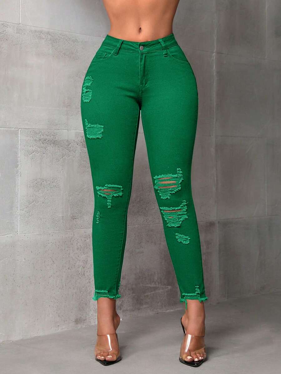 SHEIN PETITE Quần jean skinny rách dành cho nữ cỡ nhỏ - màu xanh lá - Xem 1