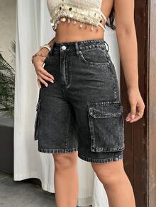 SHEIN Tall 女士带口袋纽扣休闲牛仔短裤，适合日常穿着 - 黑色 - 查看 5