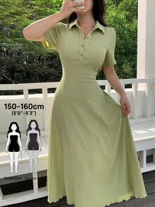 Modelyn Petite Women's Green Textured Knit Short Sleeve A-Line Midi Dress, Elegant & Romantic, Spring/Summer - Green - View 1