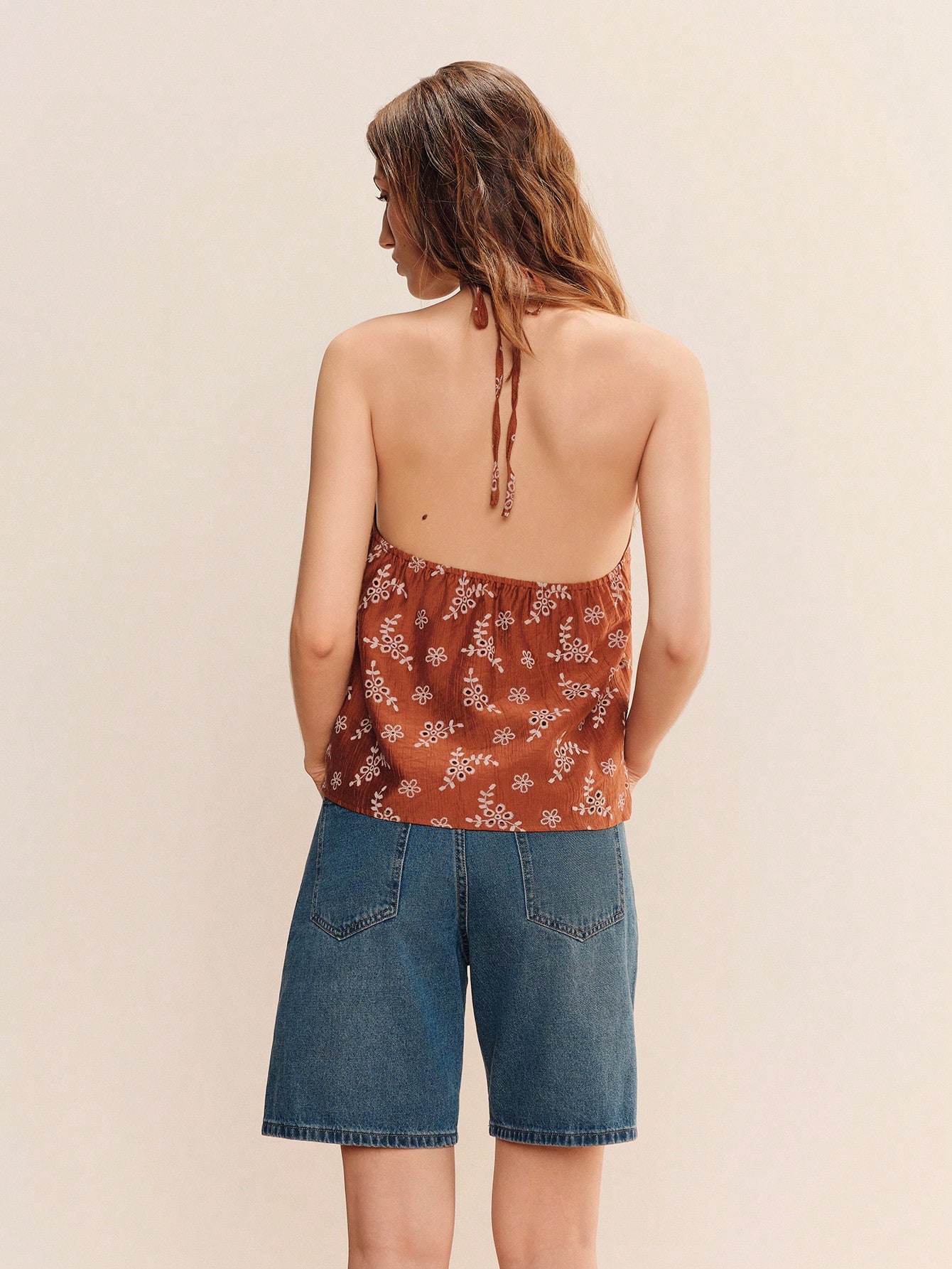 Floral Terracotta Halter Top With Bead Necklace Detail Cute Spring Summer Style