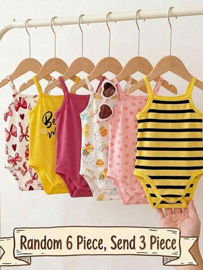 Set de 3 piezas de body sin mangas para bebé/niña con estampado de abeja y floral lindo para verano