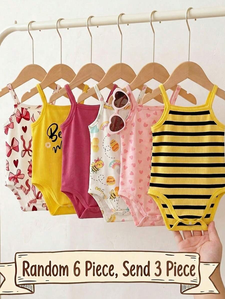 3件套女婴夏季无袖可爱卡通蜜蜂和花卉印花连体衣套装 - 黃色 - 查看 1