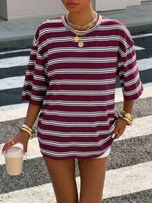 Muchica 95% Cotton Blue And White Stripe Women's T-Shirt,Summer Streetwear City Break Round Neck Loose Dropped Shoulder Mid-Length Top,Y2K Style Casual Wear - Multicolor - View 3