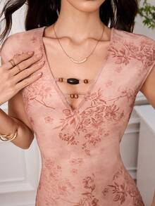 EastFlair New Chinese Style Pink Flocked Dress - Dusty Pink - View 8