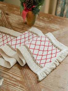 Boho Table Runner Macrame Table Runners For Home Decor ,Cream & Brown Macrame Table Runner With Tassels For Boho Dining Bedroom Decor Rustic Bridal Shower,Farmhouse Rustic Table Runner,Place Mat,Thanksgiving Christmas Home Decor (Multiple Sizes Available) - Red and white grid - View 8