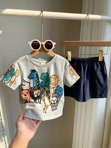 SHEIN Baby Boy Cartoon Print Round Neck Short Sleeve Top, Casual & Versatile For Spring/Summer - Multicolor - View 4