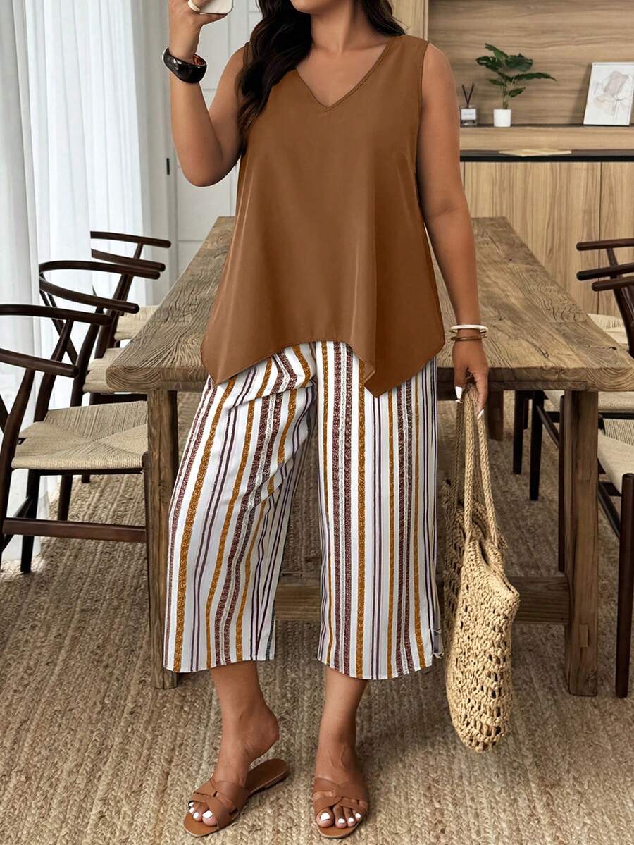 Weeklong Plus Size Women's V-Neck Irregular Hem Sleeveless Blouse And Solid Color Capri Pants 2 Pieces Set, Spring/Summer - Multicolor - View 1