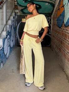 Muchica Women's Summer Pale Yellow 2 Pieces Set,Asymmetric Collar Short Sleeve Top & Knotted Long Pants Casual Loungewear,Travel Vacation Outfit Occasion Set - Pale Yellow - View 5