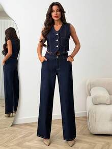 SHEIN WOMEN Two Pieces CASUAL Streetwear STYLE RAW WASH Denim Outfits Navy Blue Summer Holiday Daytime - Medium Wash - View 4