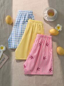 Sparklyn Bộ quần short kẻ sọc 3 món cho bé gái tuổi teen, màu vàng/xanh dương/hồng, cạp nơ, dáng rộng thoải mái, thích hợp mặc hàng ngày, chơi đùa và thư giãn ở nhà. - Nhiều màu - Xem 2