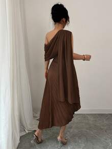 Rafferiza Đầm không tay xếp ly, cổ khăn choàng, dáng suông, thanh lịch dành cho nữ, chất liệu bóng, thích hợp cho mùa xuân/hè. - Cà phê nâu - Xem 2