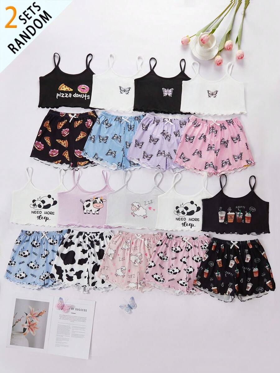 SHEIN 女童快乐图案短袖短裤吊带睡衣套装,适合秋季、冬季及所有季节 - 彩色 - 查看 1