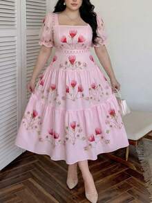 Casual Elegant French Square Collar Printed Date/Party/Vacation Pink Short Puff Sleeve Embroidered Dress, Summer Plus Size - Pink - View 3
