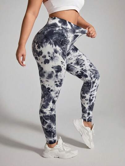 Easithlete Quần legging thể thao cạp cao in họa tiết tie-dye cỡ lớn, chất liệu ánh kim.