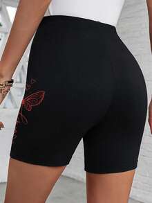 SHEIN LUNE Plus Size Women Casual Minimalist Black Base Red Butterfly Slogan Print Tight Short Leggings, Summer - Black - View 2