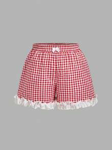 SHEIN MOD Plus Size Summer Red & White Plaid Shorts, Frill Trim Design, Suitable For Girls, Casual Wear, Vacation, Daily, School - Red and White - View 8