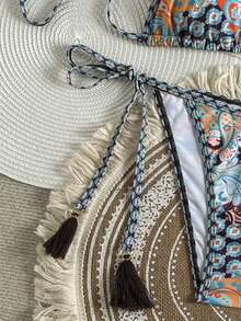 SHEIN Swim Vcay 女士泳衣套装，海岛海滩度假风流苏装饰比基尼两件套，撞色滚边休闲泳装，适合泳池派对，性感女士比基尼上衣波西米亚风比基尼套装佩斯利花纹比基尼波西米亚风泳衣 - 彩色 - 查看 5